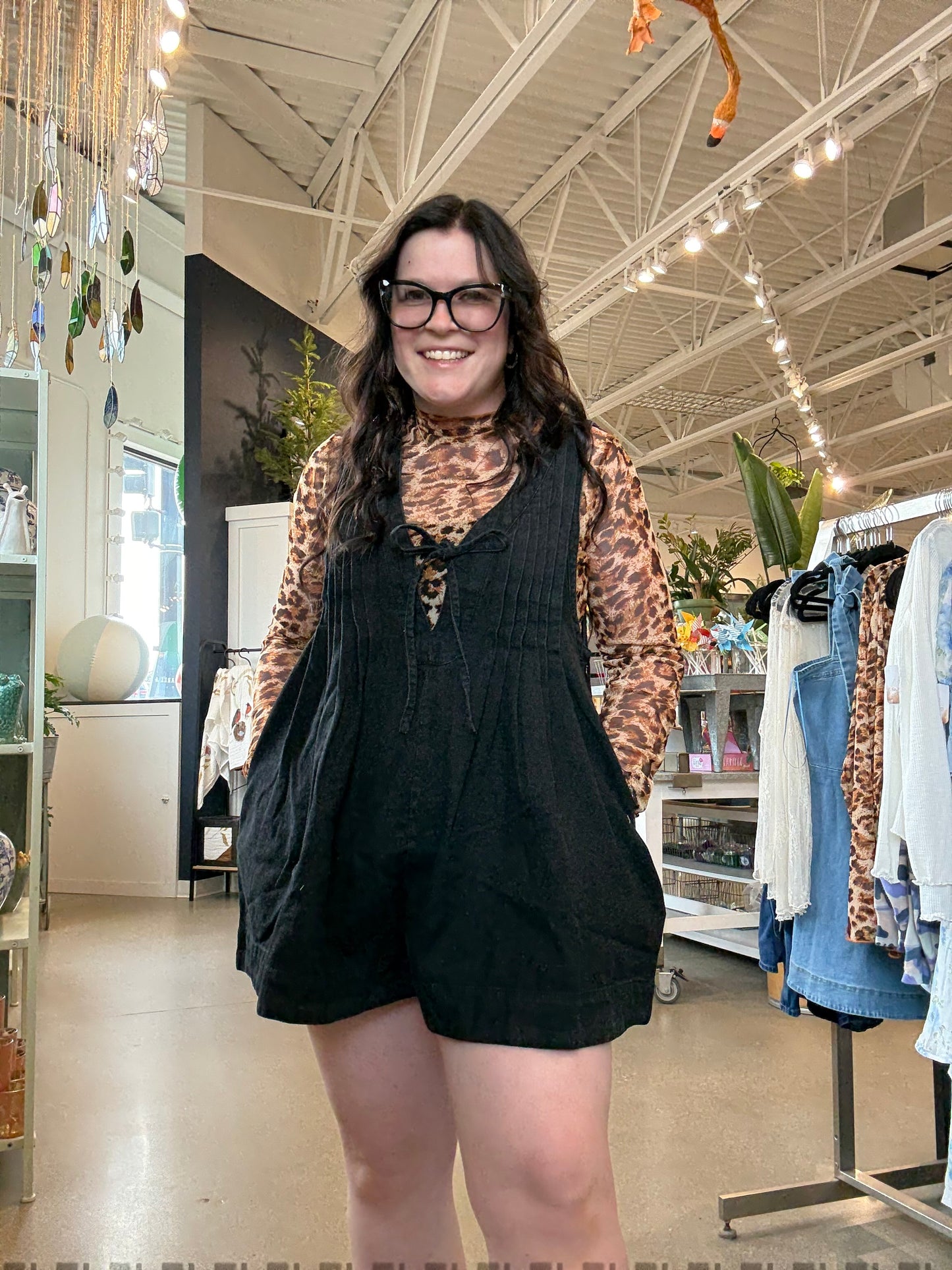 Black Pleated Denim Romper