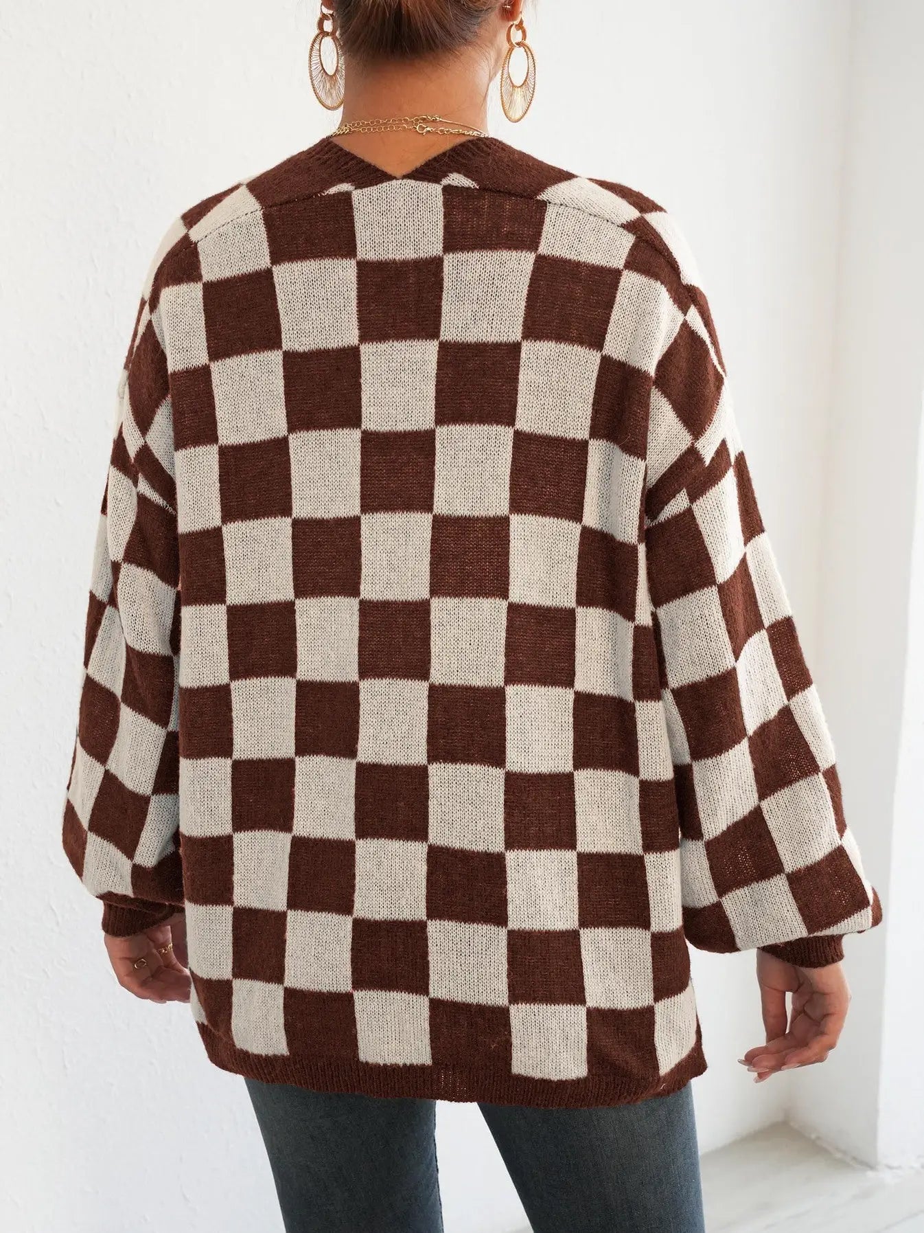Brown and White Checkered Cardigan