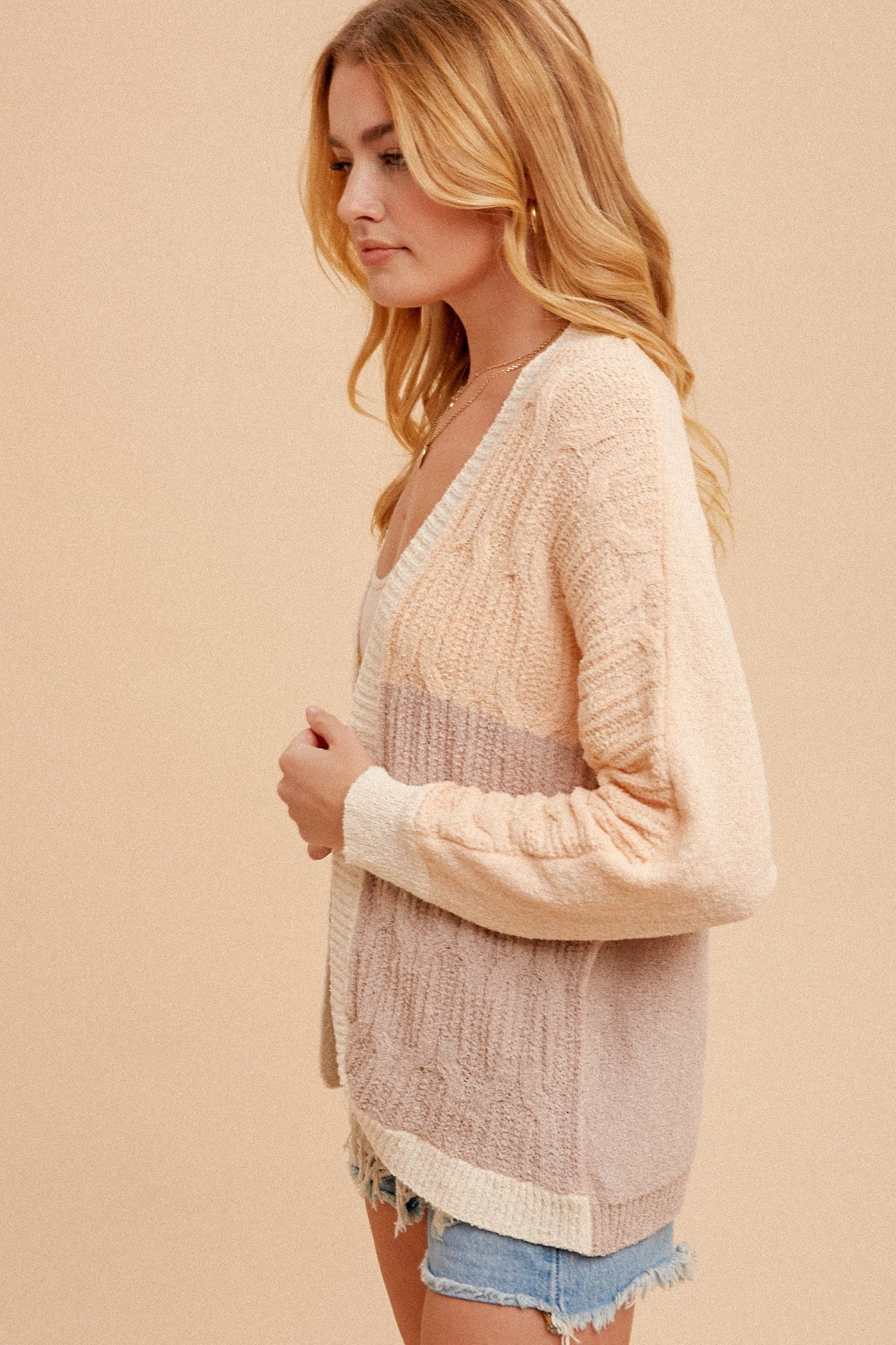 CABLE KNIT COLOR BLOCK DOLMAN SLEEVE CARDIGAN