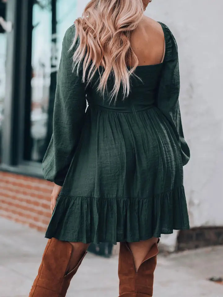 Ruched Square Neck Puff Sleeve Mini Dress