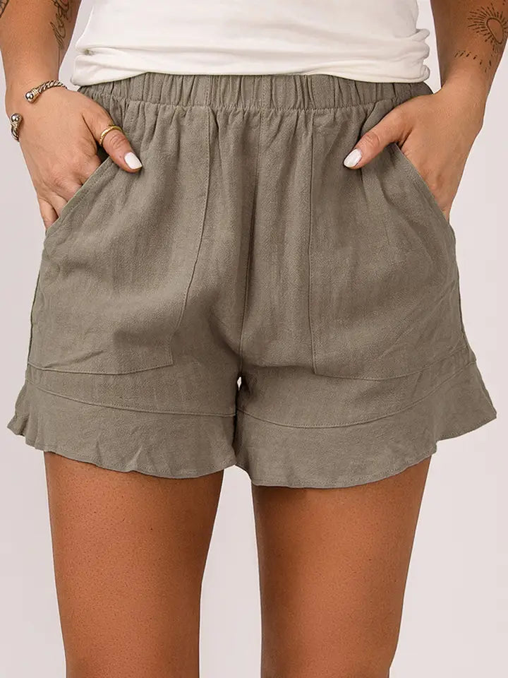 High Waist Pocketed Ruffle Shorts Khaki