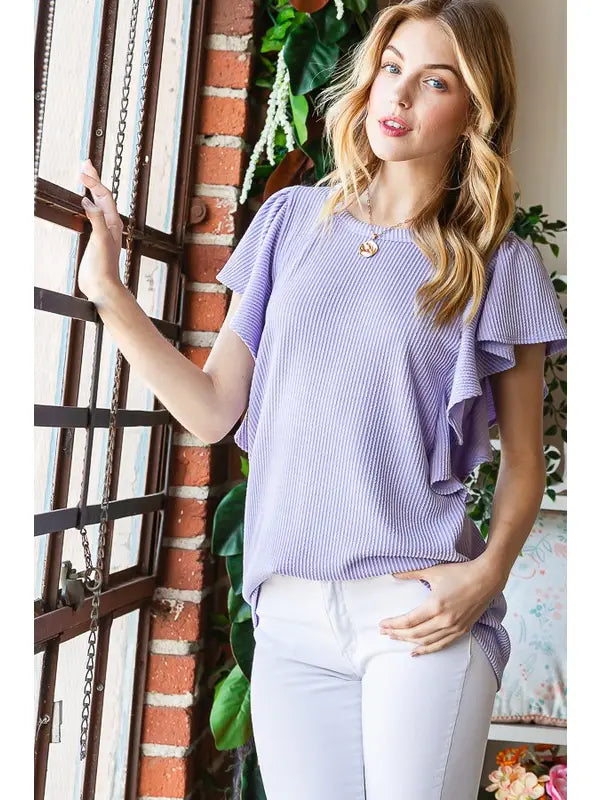Short Ruffled Sleeve Solid Urban Ribbed Top