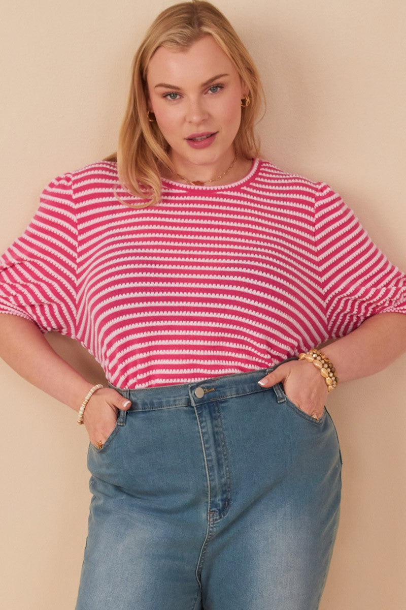 Plus Textured Stripe Puff Sleeve Knit Top