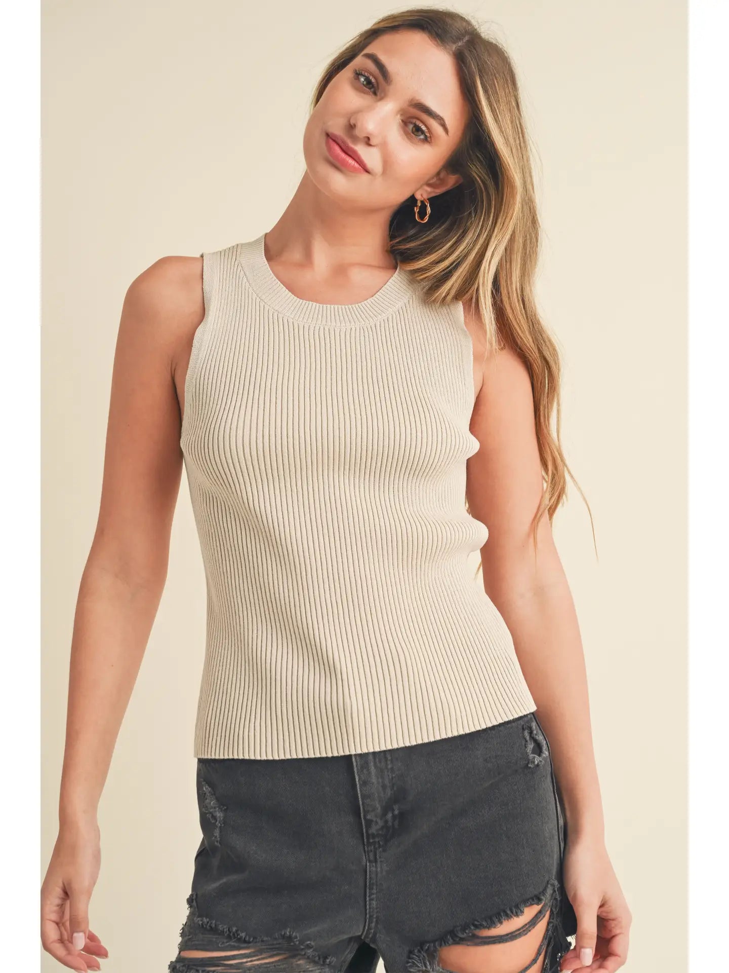 Jade Ribbed Knit Tank - Pearl