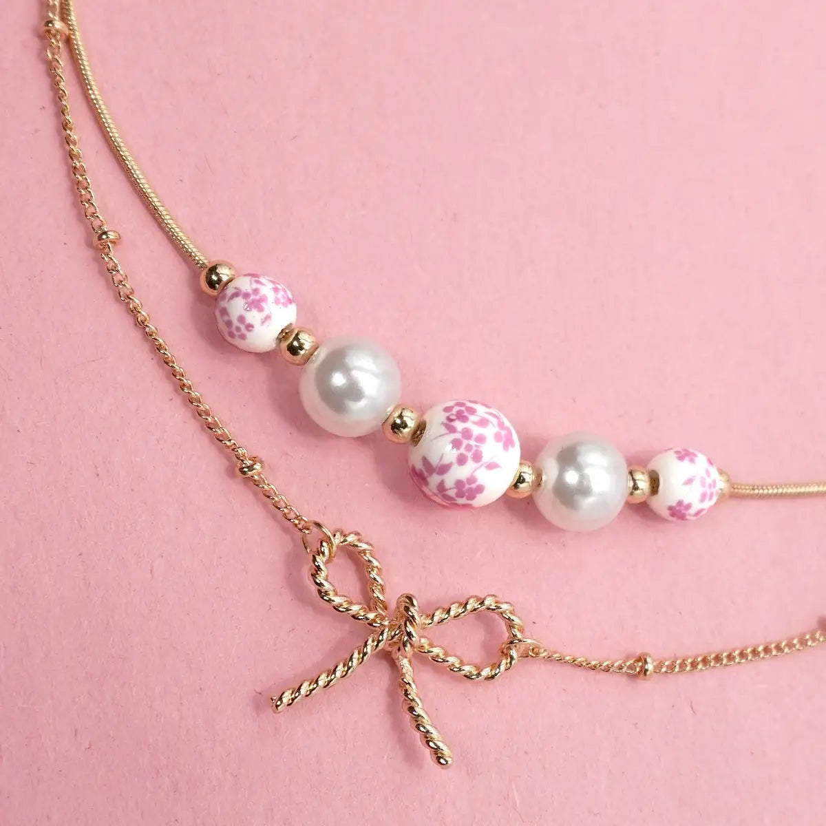 Pink Porcelain Pearl Bow Layer Necklace