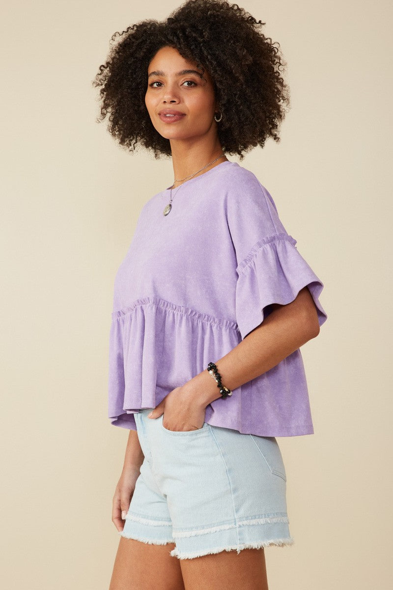 Drop Shoulder Ruffled Washed Knit Top