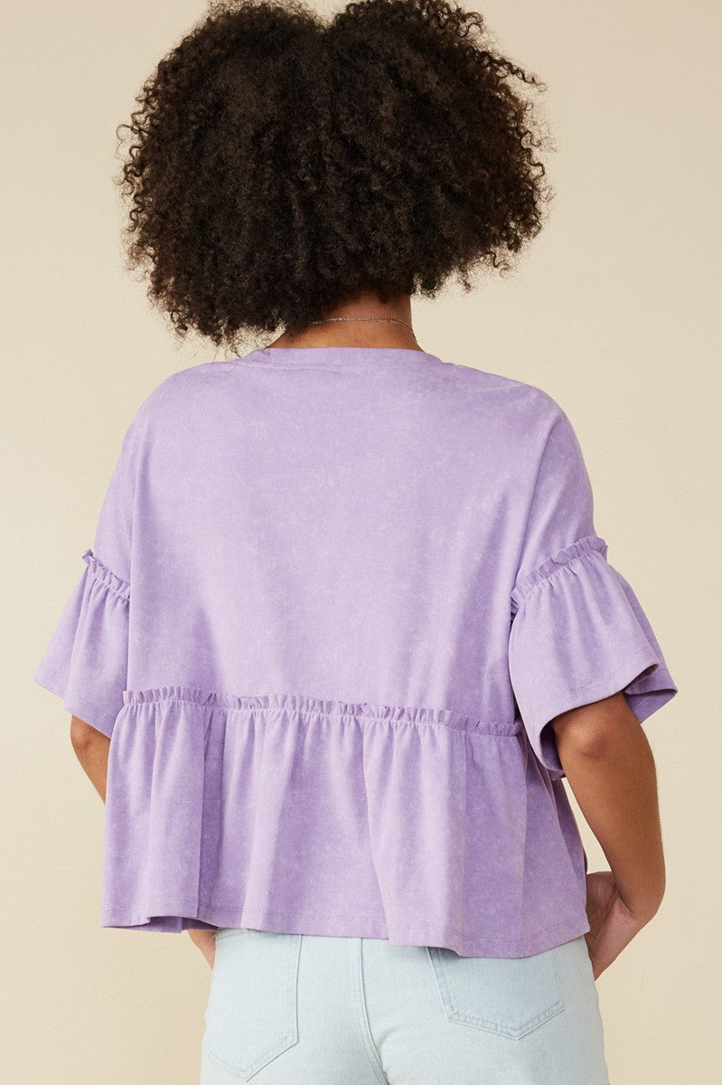 Drop Shoulder Ruffled Washed Knit Top