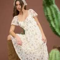 Sheer Floral Puff Sleeve Midi Dress