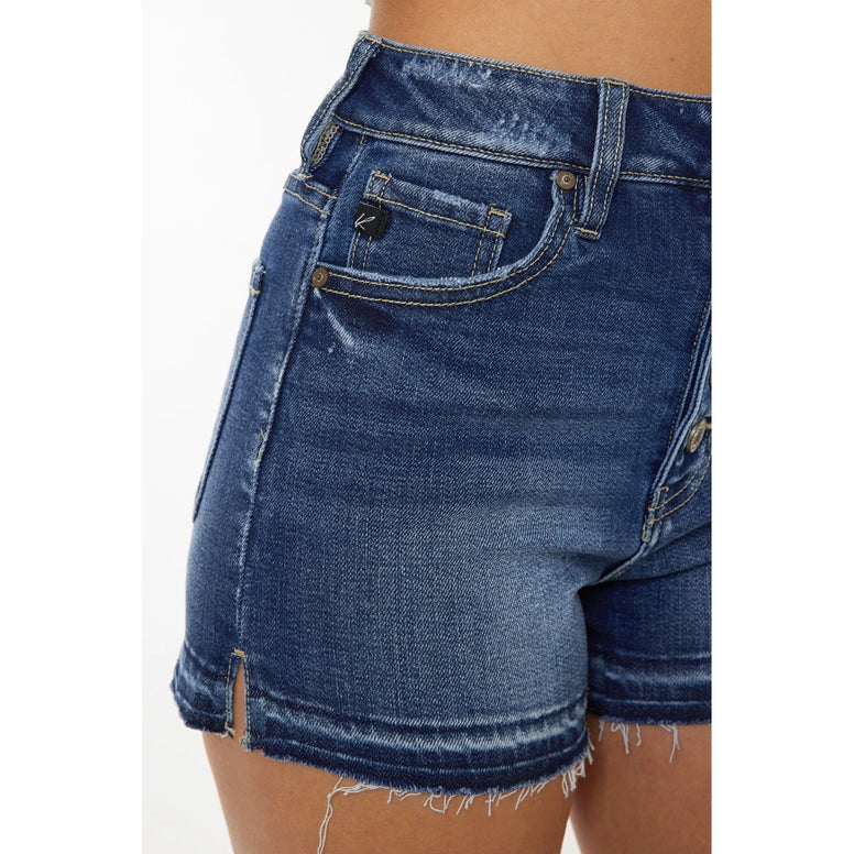 Kancan High Rise Dark Stone Wash Button Fly Shorts