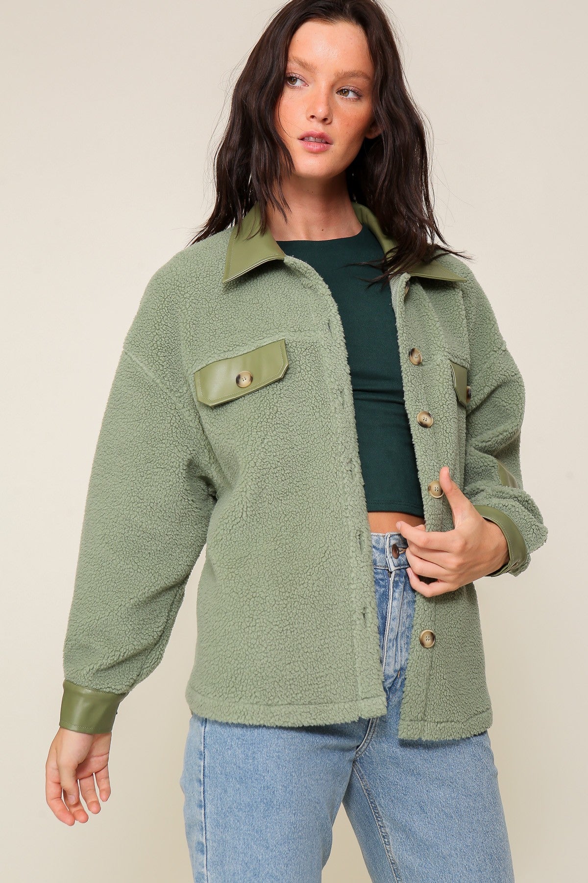 Teddy Shacket with Leather Contrast