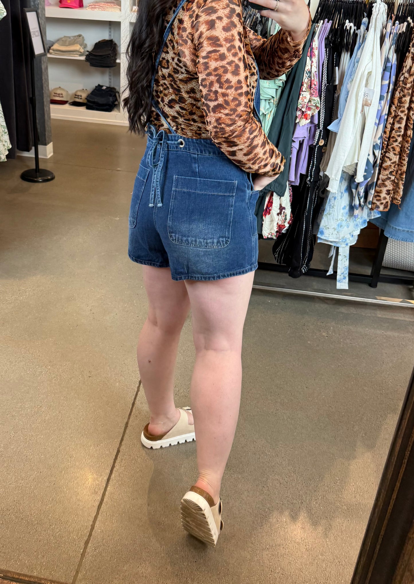 Denim Tie Back Overall Shorts