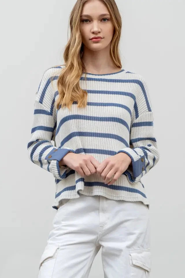 Striped 3/4 Folded Sleeve Knit Top