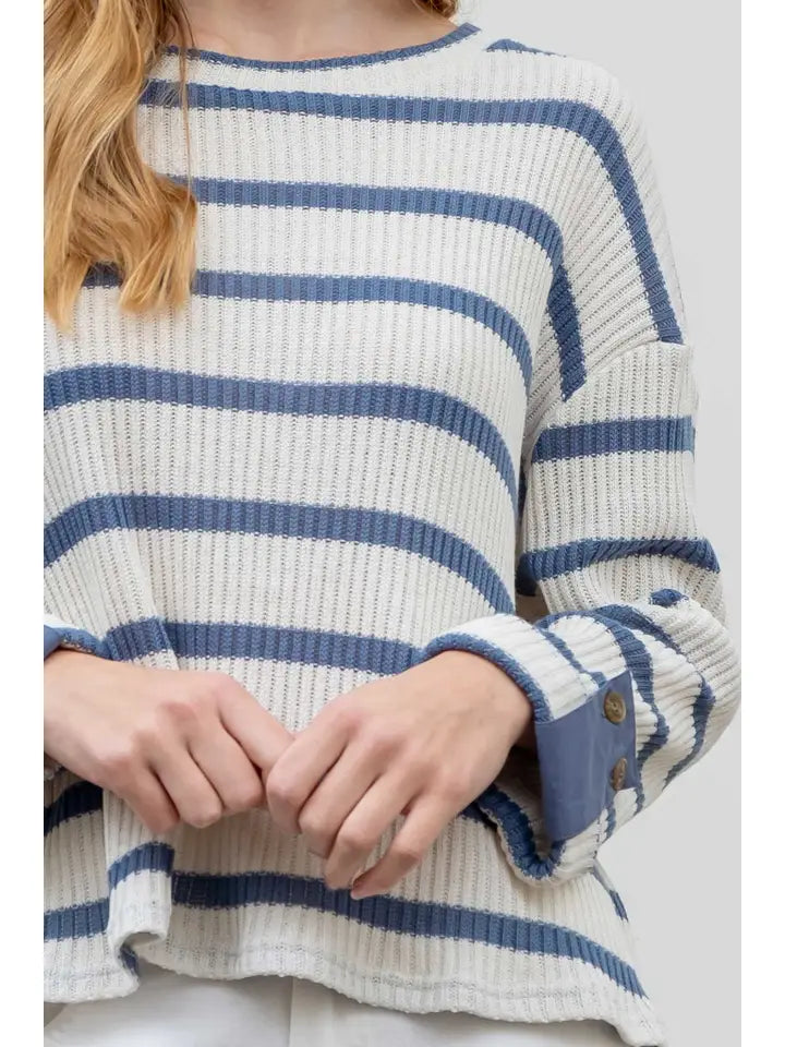 Striped 3/4 Folded Sleeve Knit Top