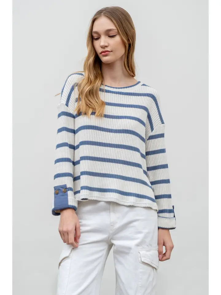 Striped 3/4 Folded Sleeve Knit Top