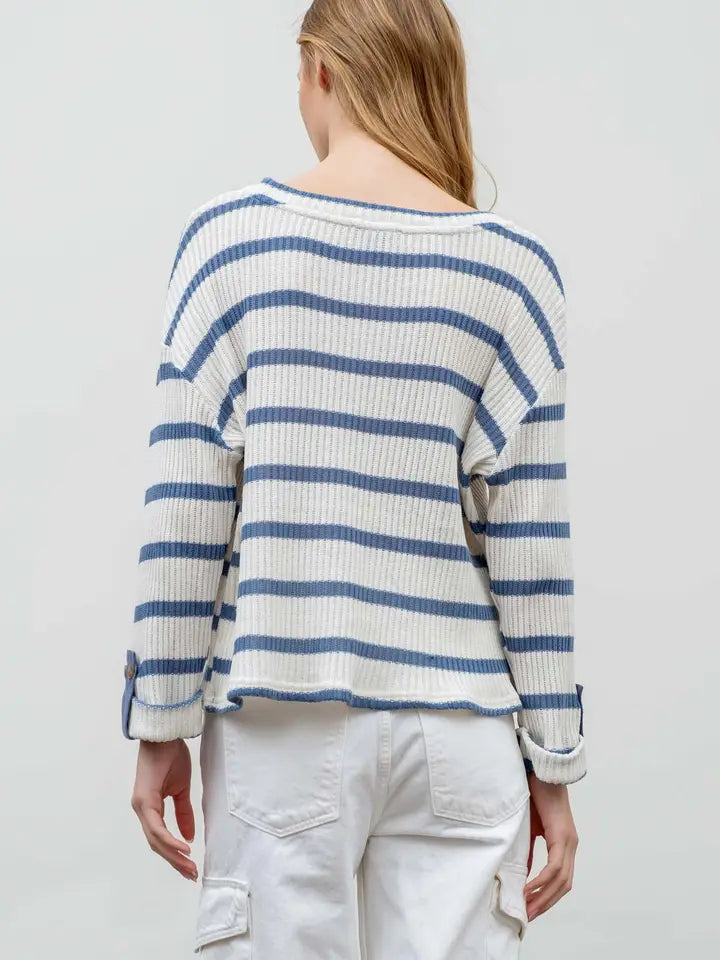 Striped 3/4 Folded Sleeve Knit Top