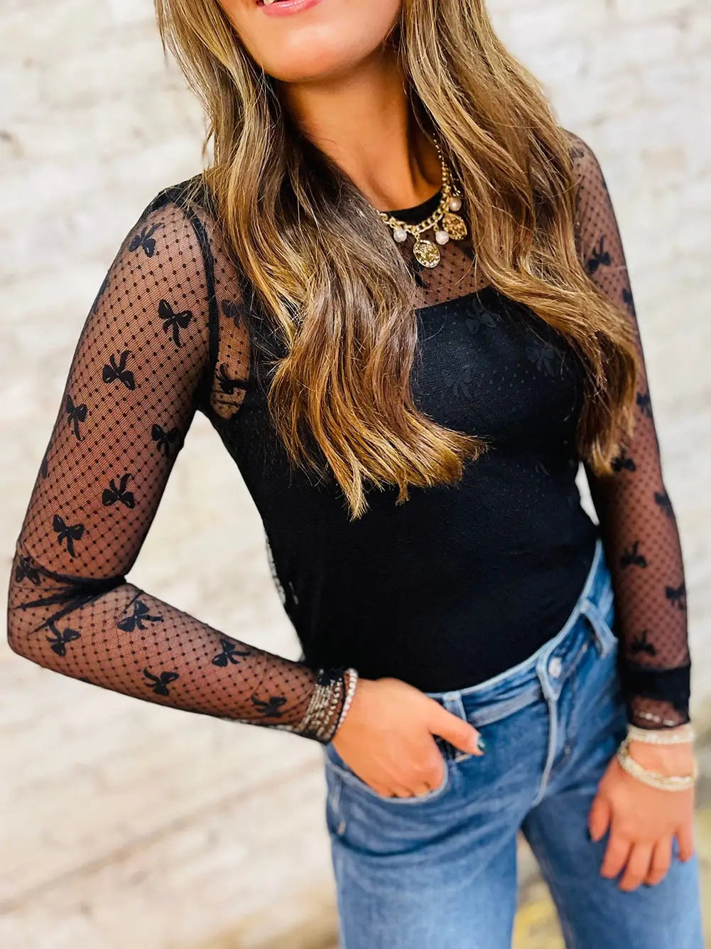 Bow Print Sheer Mesh Top