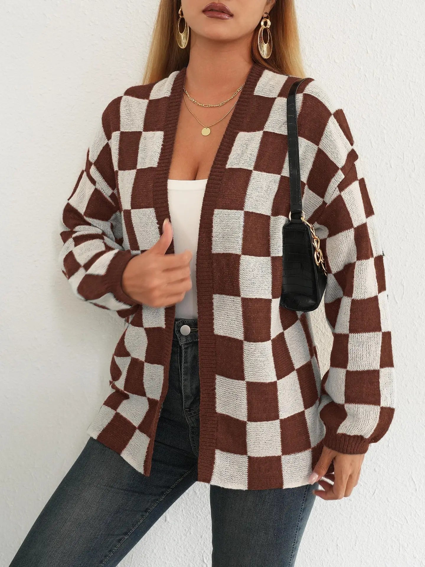 Brown and White Checkered Cardigan
