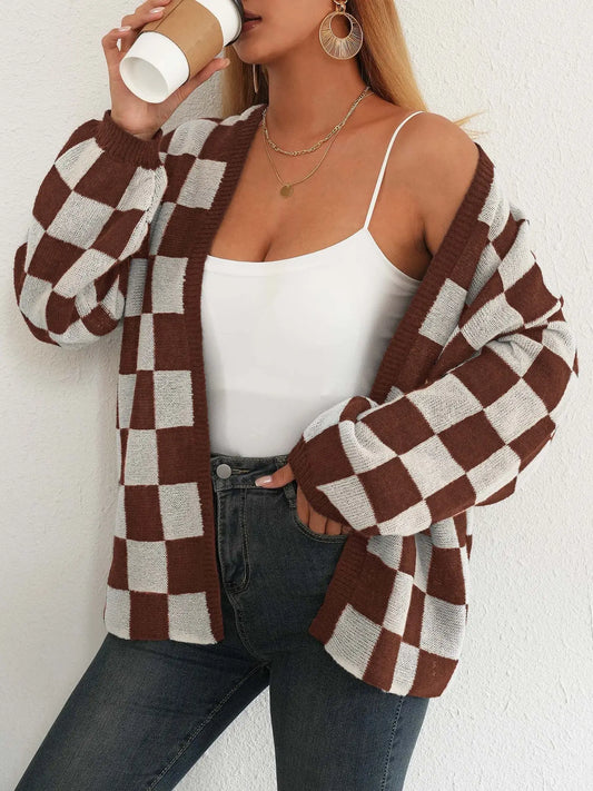 Brown and White Checkered Cardigan