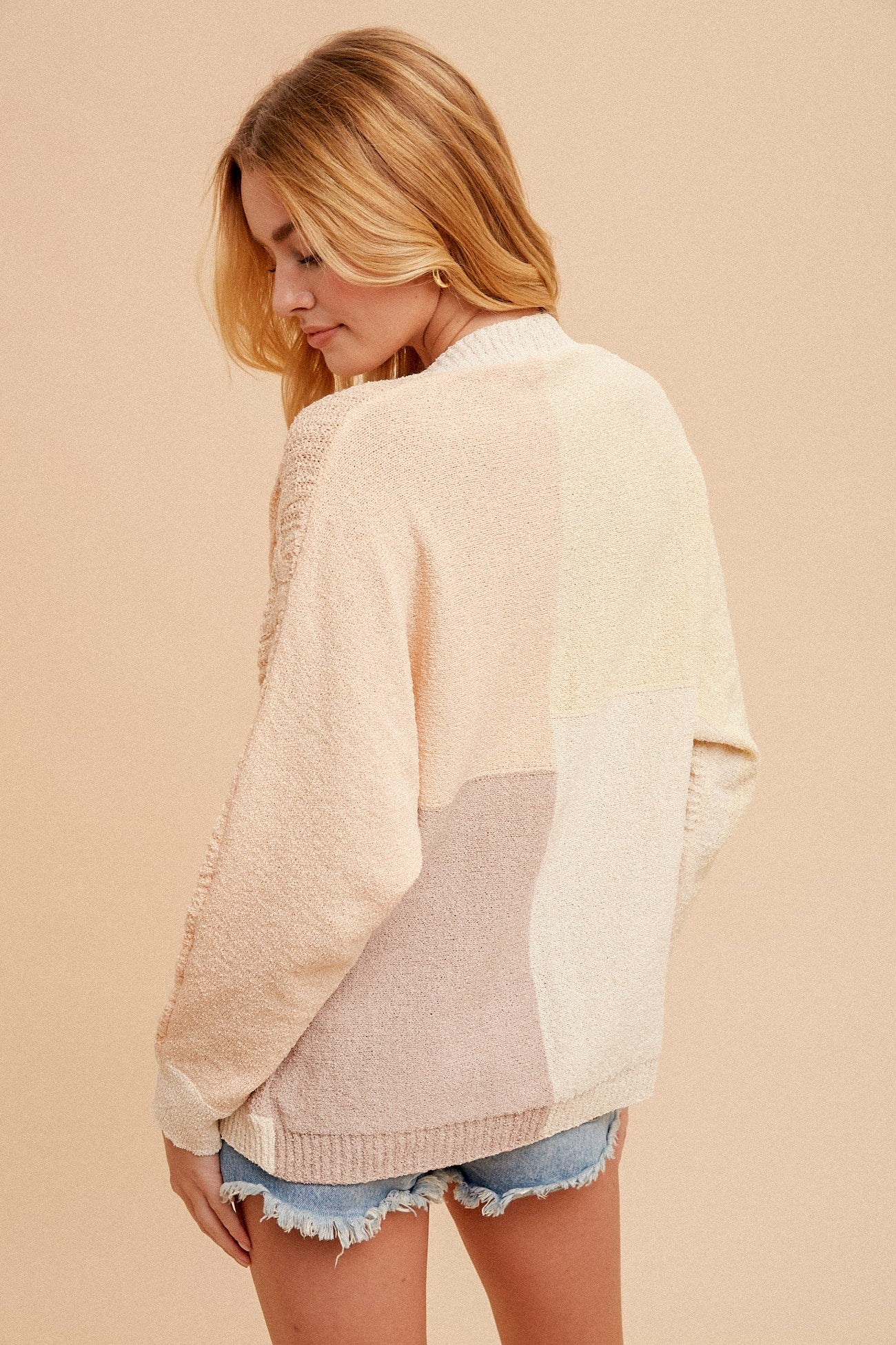 CABLE KNIT COLOR BLOCK DOLMAN SLEEVE CARDIGAN