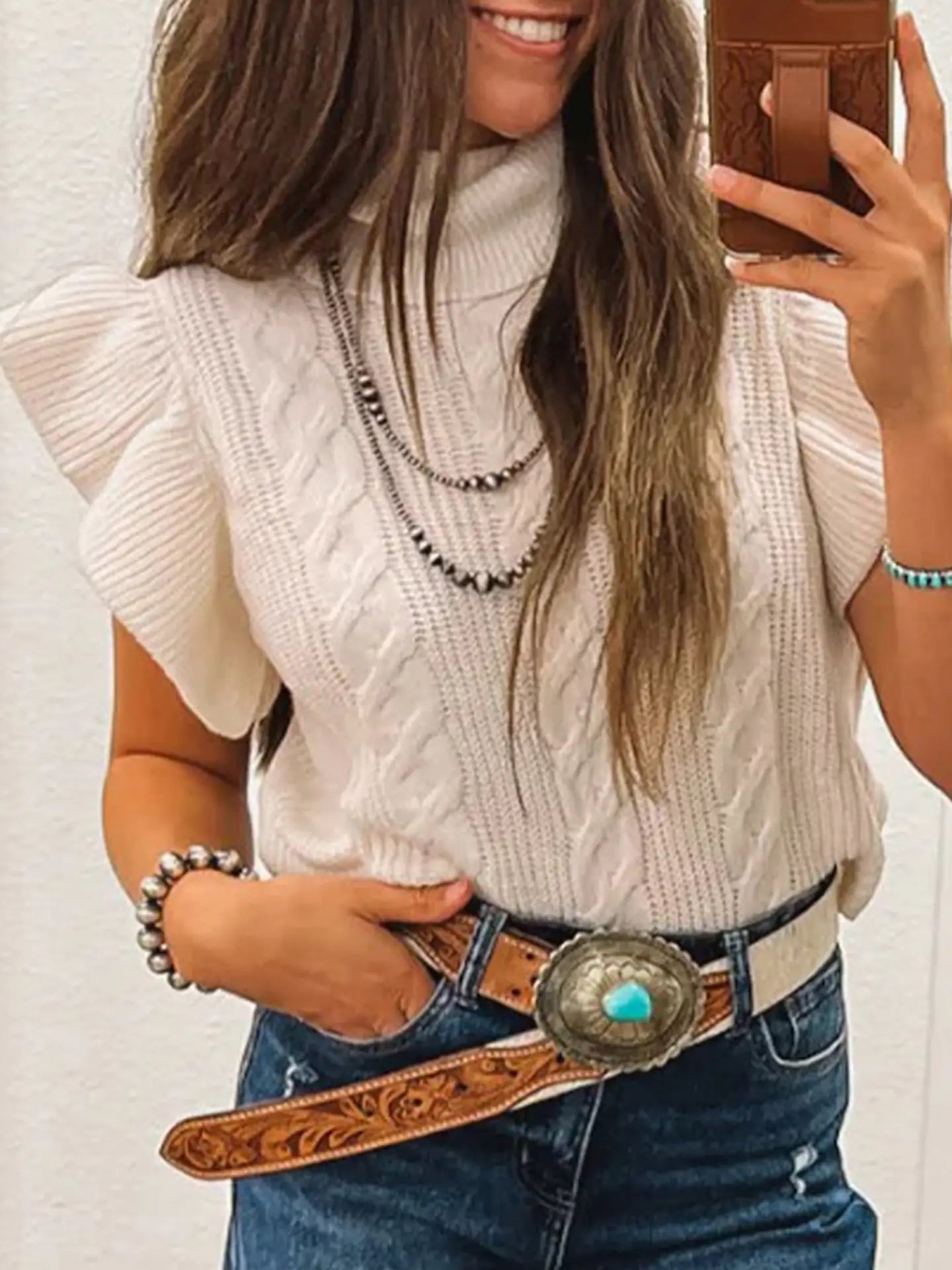 Cable Knit Ruffle Sleeve Sweater Top