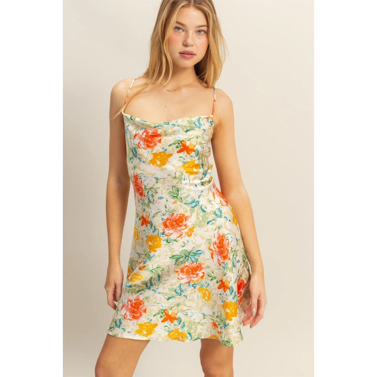 Fianna Floral Cowl Neck Satin Mini Dress
