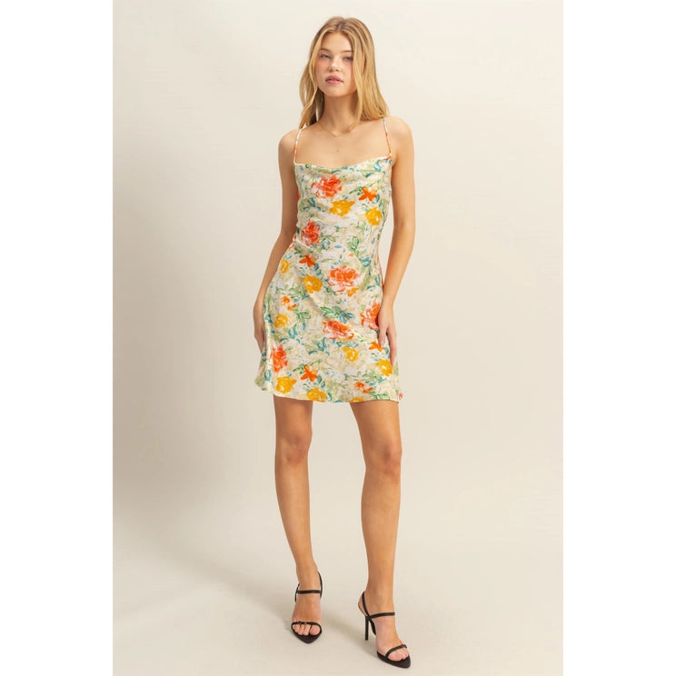 Fianna Floral Cowl Neck Satin Mini Dress