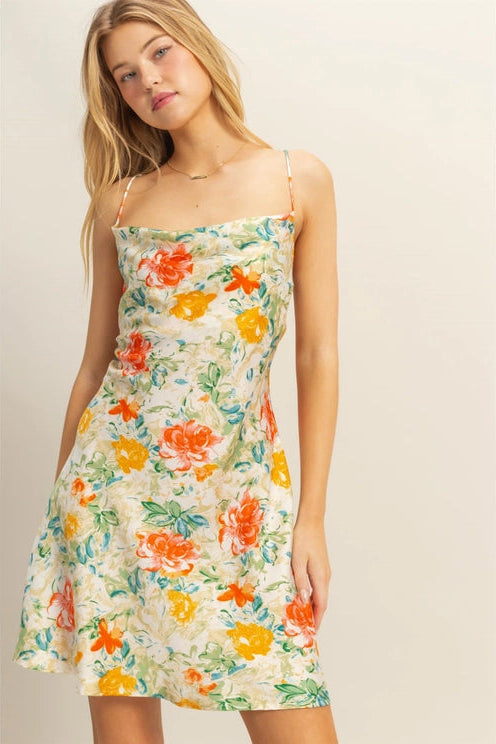 Fianna Floral Cowl Neck Satin Mini Dress