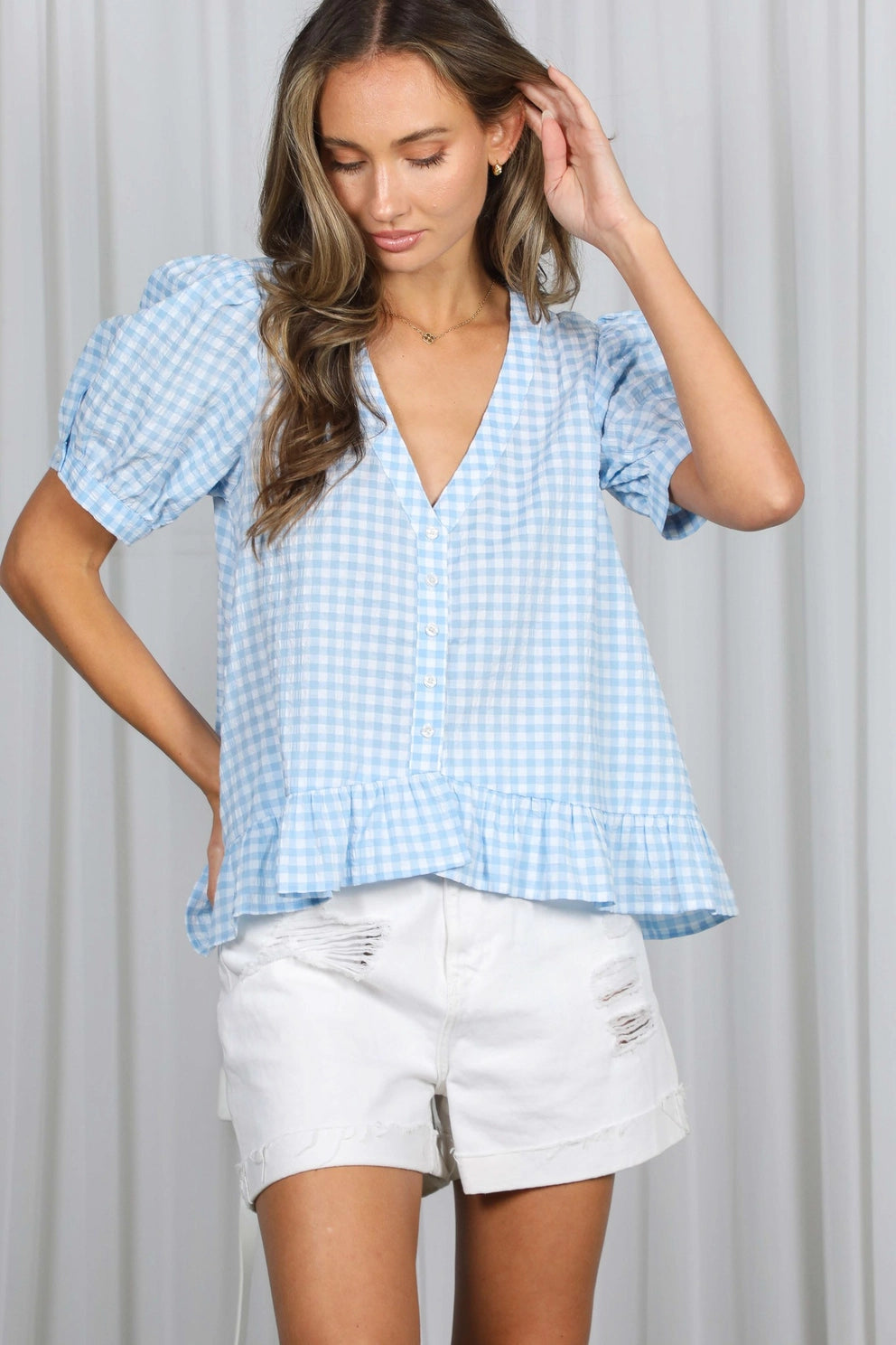 Ginna Gingham Puff Sleeves Blouse