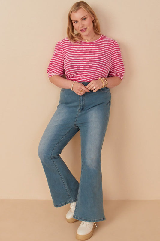 Plus Textured Stripe Puff Sleeve Knit Top