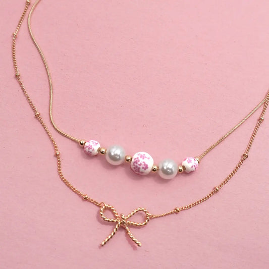Pink Porcelain Pearl Bow Layer Necklace