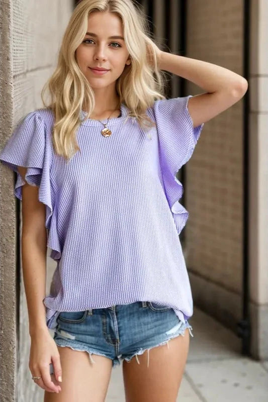 Short Ruffled Sleeve Solid Urban Ribbed Top