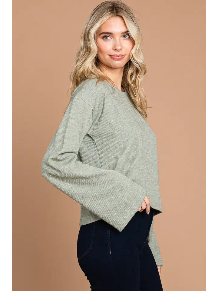 Bell Sleeve Ribbed Pullover Sweater