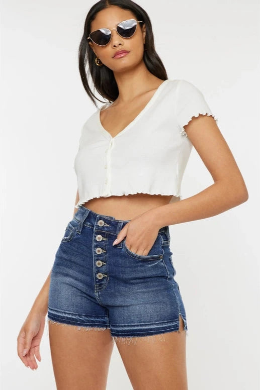 Kancan High Rise Dark Stone Wash Button Fly Shorts