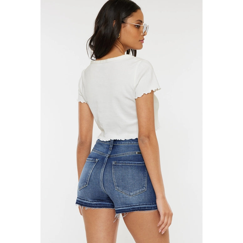 Kancan High Rise Dark Stone Wash Button Fly Shorts