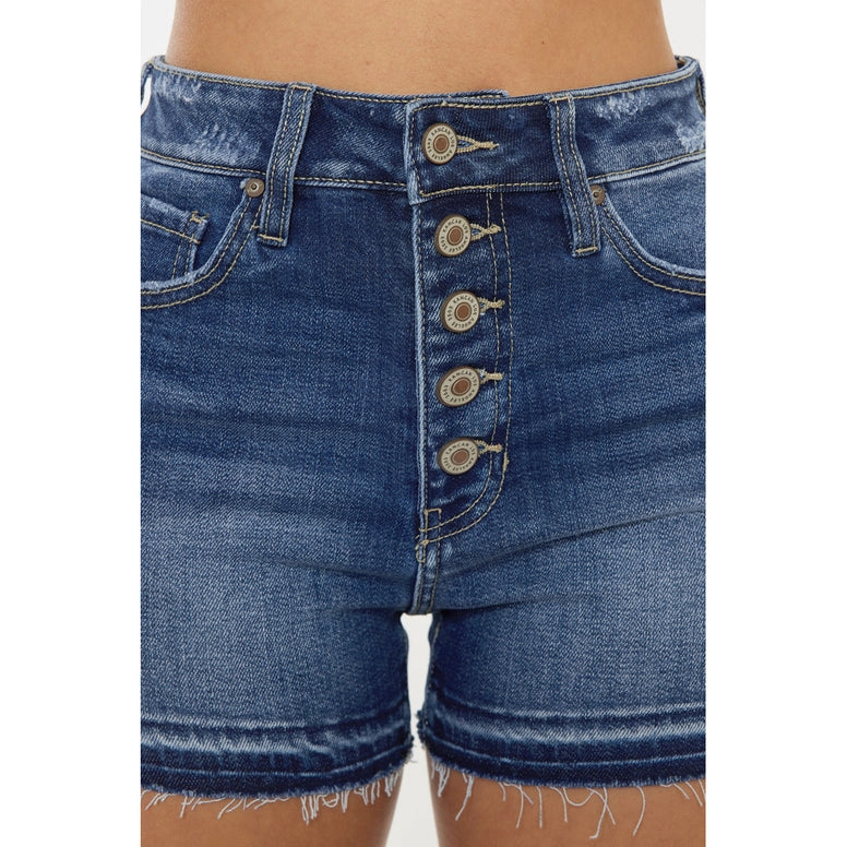 Kancan High Rise Dark Stone Wash Button Fly Shorts