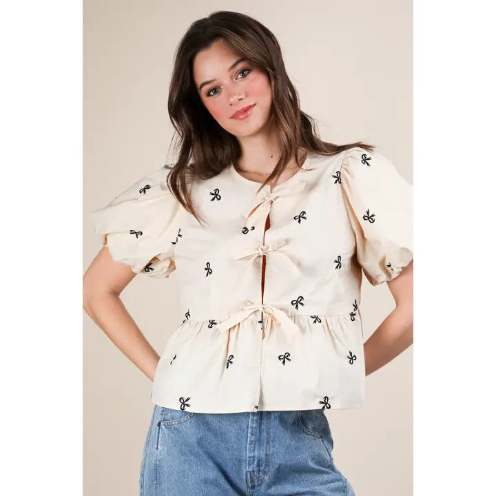 Tie Front Bow Embroidered Blouse Top