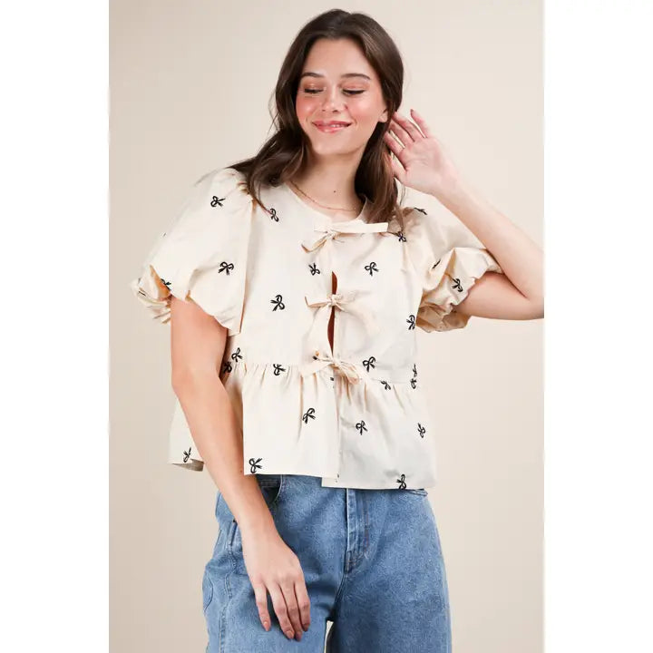 Tie Front Bow Embroidered Blouse Top