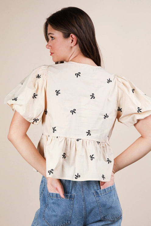 Tie Front Bow Embroidered Blouse Top