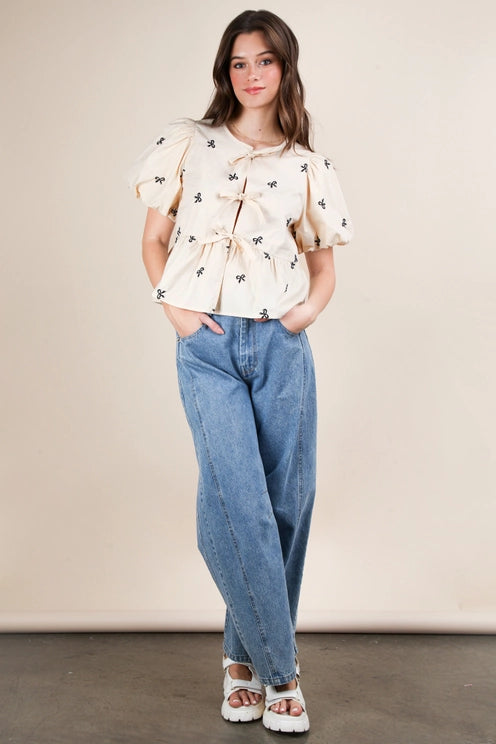 Tie Front Bow Embroidered Blouse Top